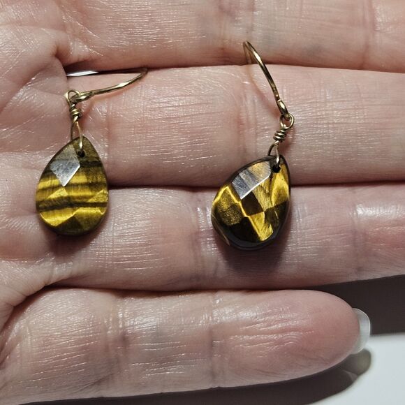 Gold Tone Faceted Teardrop Shaped Tiger's Eye Stone Earrings - Picture 1 of 11